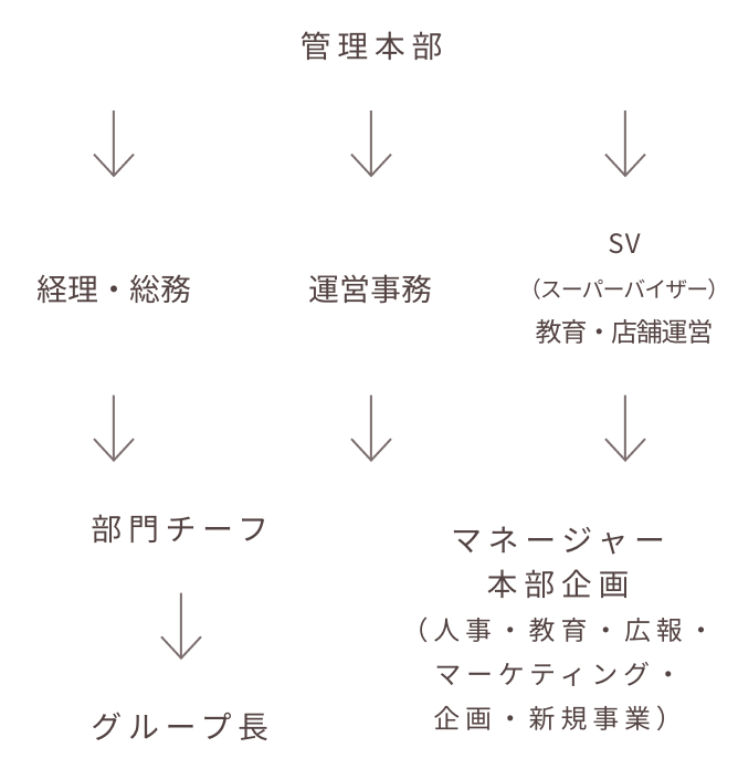 管理本部 経理・総務 運営事務 SV（スーパーバイザー）教育・店舗運営 部門チーフ グループ長 マネージャー本部企画（人事・教育・広報・マーケティング・企画・新規事業）